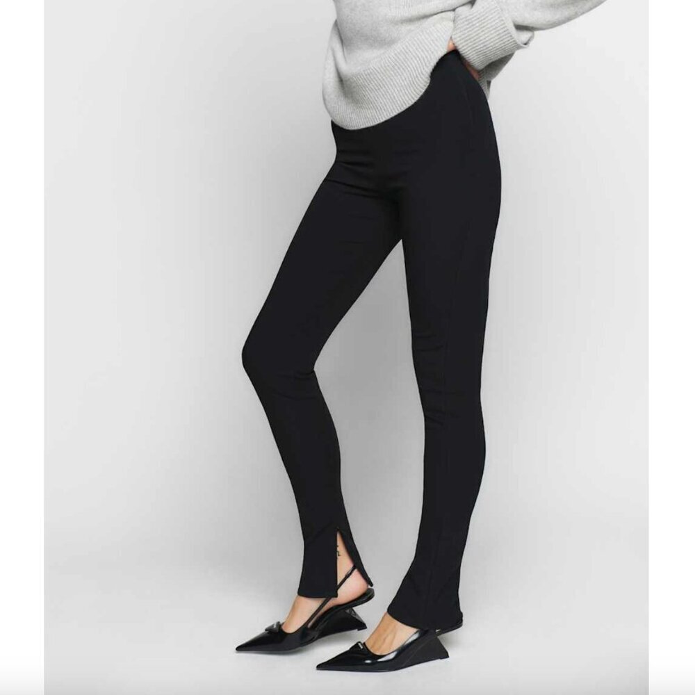 Reformation Black Stretch Boot-Cut Flare Pants with Front Slit